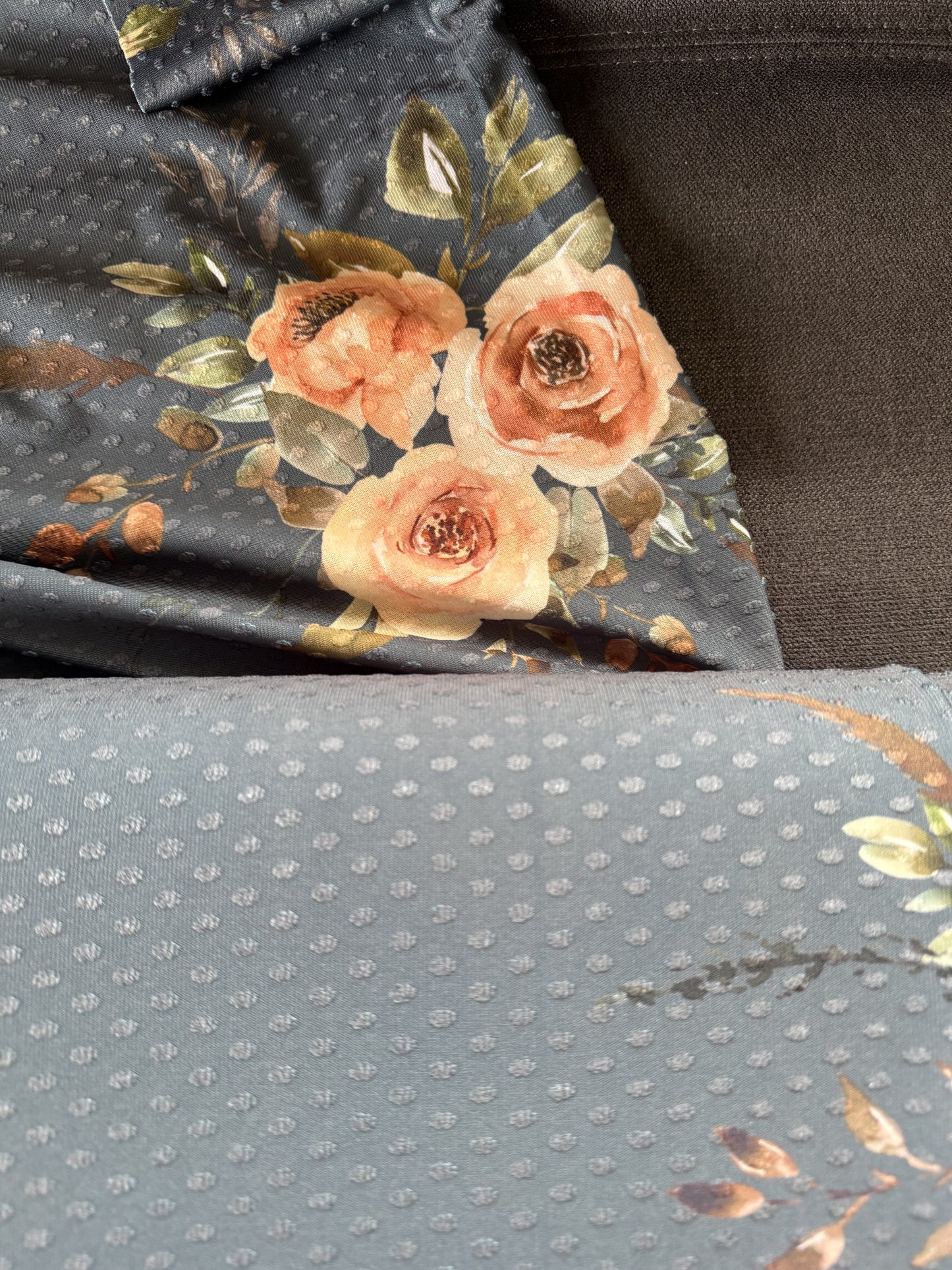 Peach Floral On Green Swiss Dot