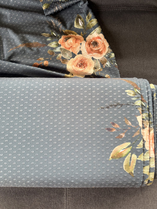 Peach Floral On Green Swiss Dot